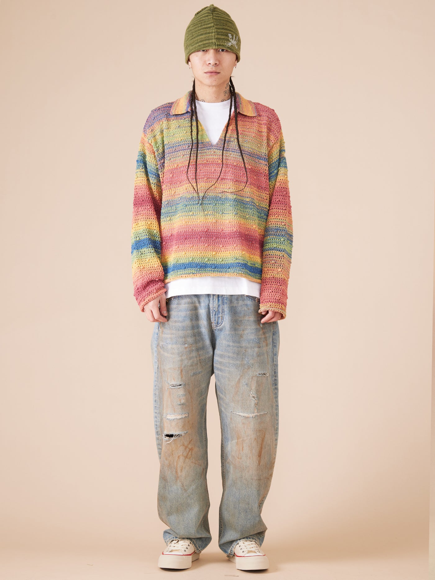 EVILKNIGHT(EK) Rainbow Dyeing Drum Wave Knit Sweater