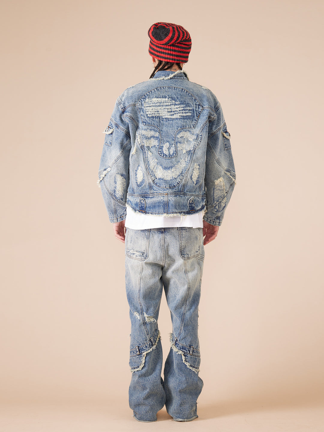 EVILKNIGHT(EK) Washed Heavy Embroidery Destroyed Patchwork Denim Jacket