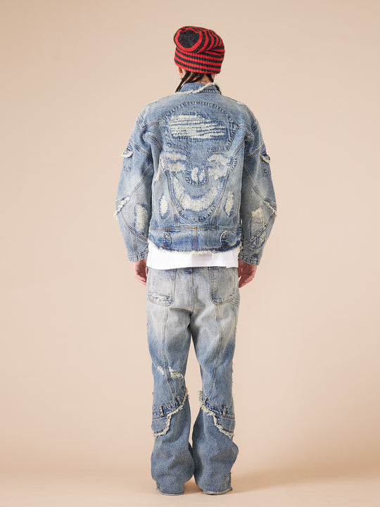EVILKNIGHT(EK) Washed Heavy Embroidery Destroyed Patchwork Denim Jacket