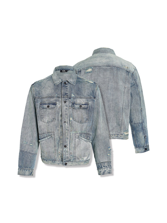 STEEPC Washed Vintage Aged Destroyed Pleated Denim Jacket | Face 3 Face