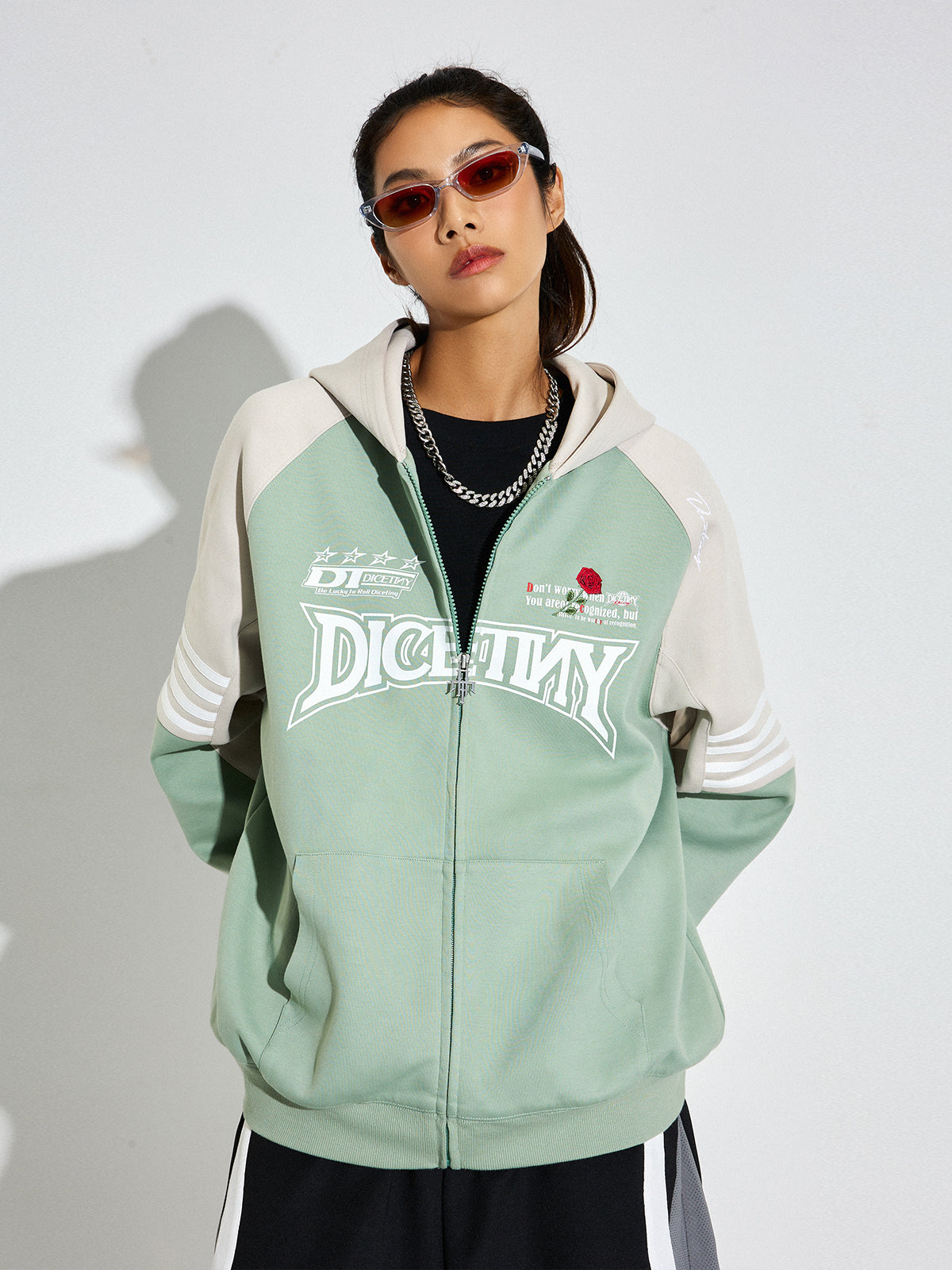 DICETINY Rose Embroidery Logo Printed Zip Up Hoodie | Face 3 Face