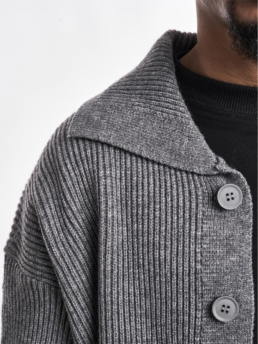 F3F Select Wide Lapel Gray Button Knit Cardigan | Face 3 Face