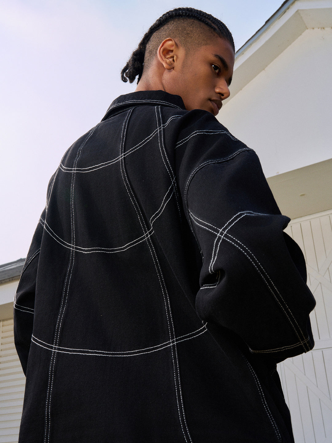 AFGK Patchwork Black Stitching Plaid Lapel Denim Jacket