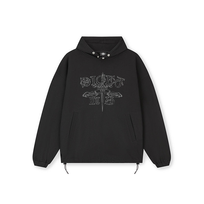 DICETINY Metal Studs Button Sword Printed Hoodie | Face 3 Face
