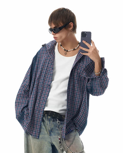 JHYQ Gradation Plaid Hooded Long Sleeved Shirt | Face 3 Face