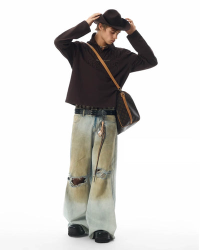 JHYQ Dirty Dye Ripped Rivets Diamonds Baggy Jeans | Face 3 Face