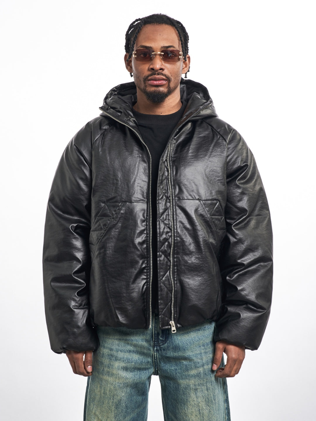 F3F Select Windproof Hooded PU Leather Puffer Bomber Jacket | Face 3 Face