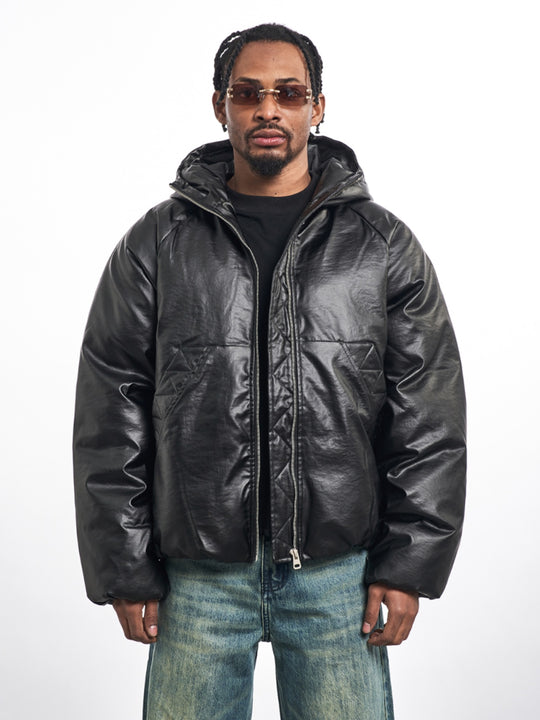 F3F Select Windproof Hooded PU Leather Puffer Bomber Jacket | Face 3 Face