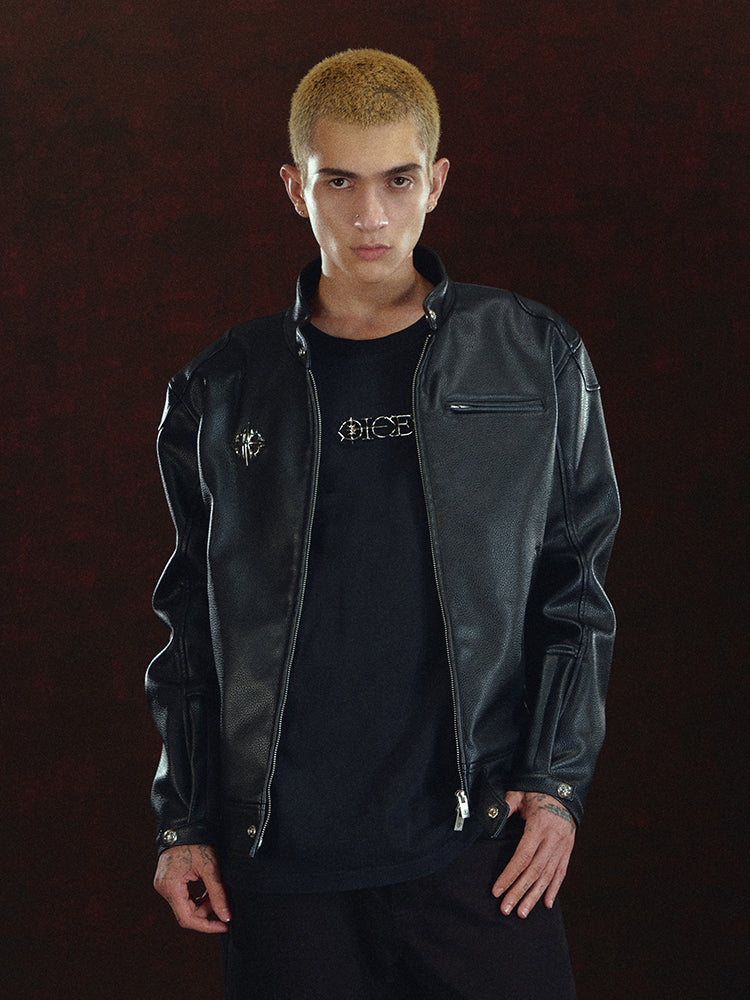 DICETINY Metal Logo Racing Leather Jacket | Face 3 Face