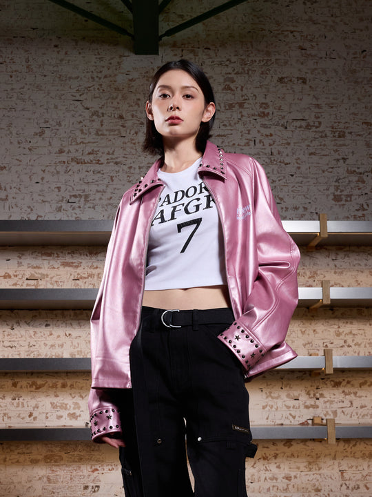 AFGK Shiny Rivets Zip Up Leather Jacket | Face 3 Face