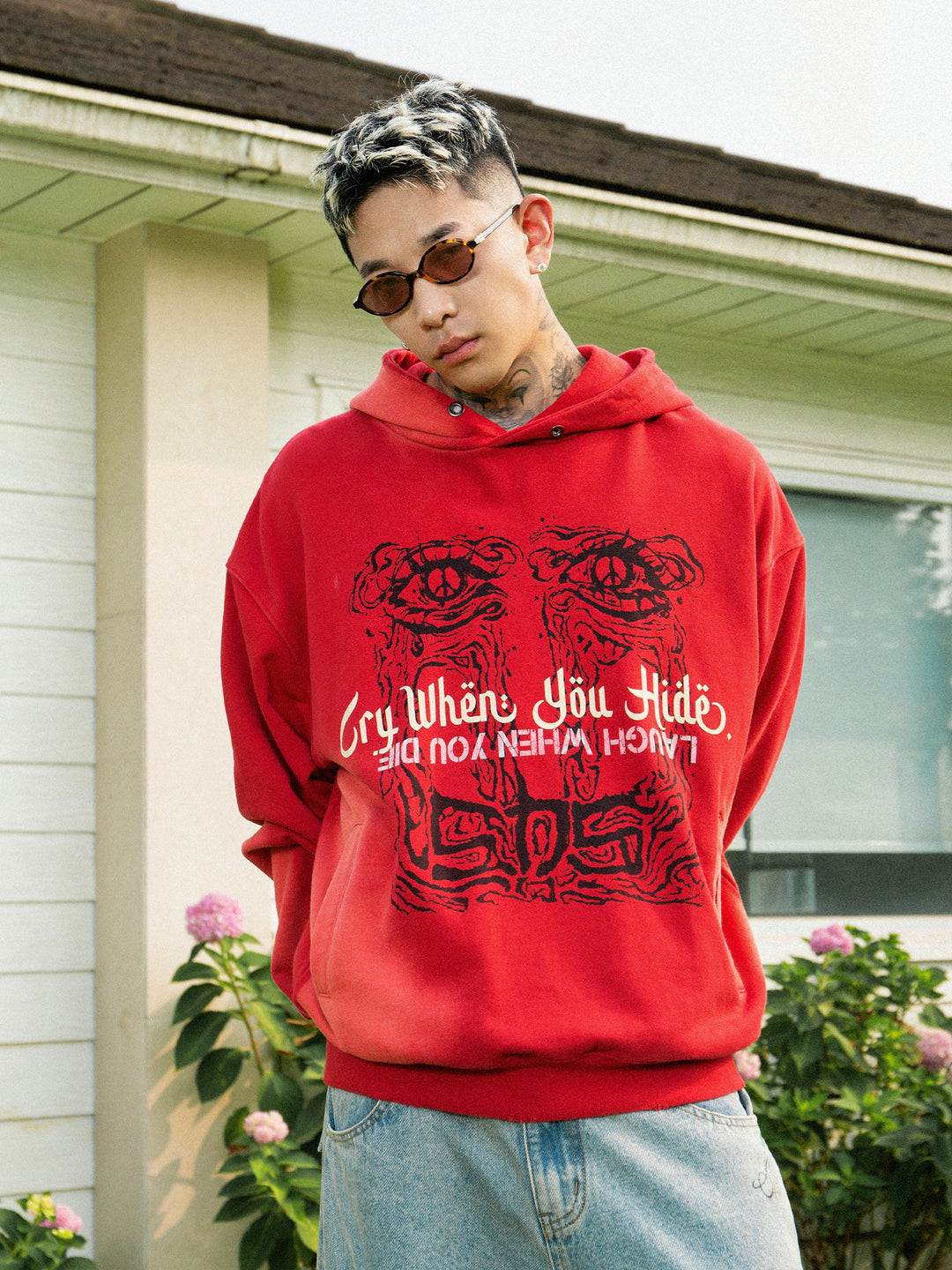 S45 Gradient Washed Tears Girl Print Hoodie | Face 3 Face