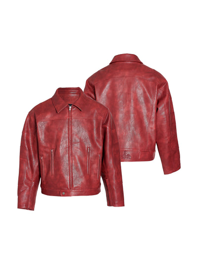 STEEPC Aged Washed Burgundy Red Short Leather Jacket | Face 3 Face