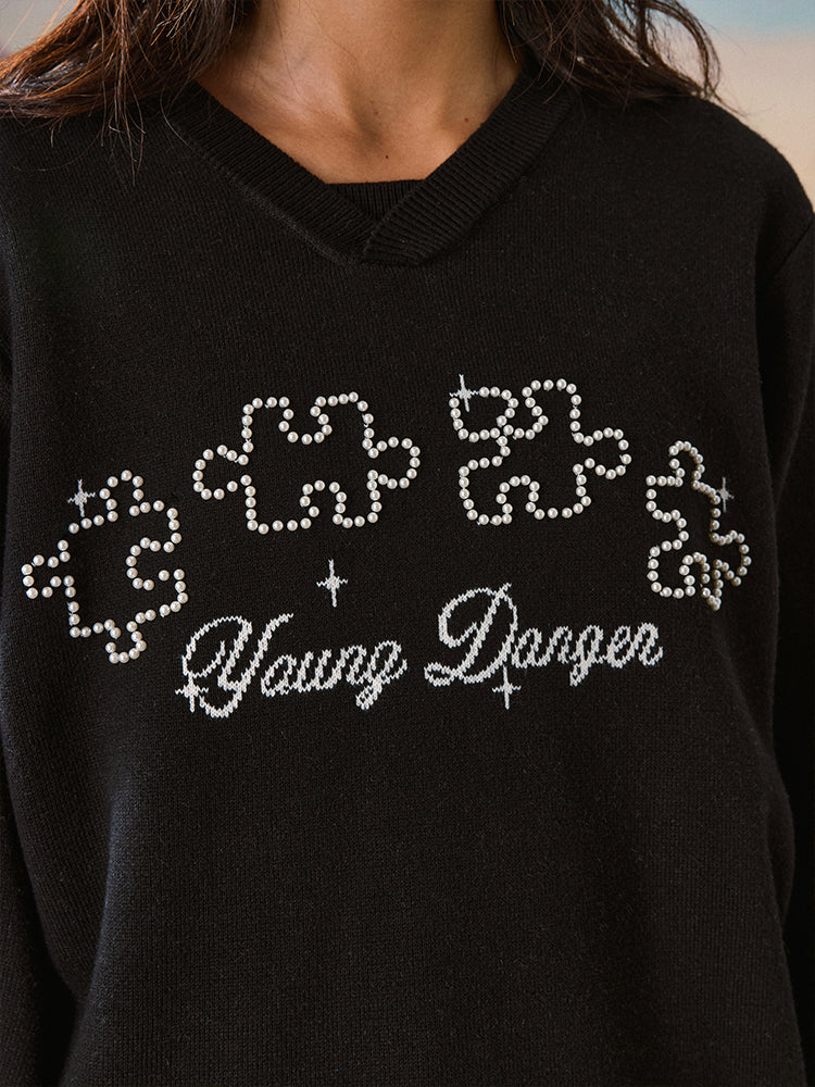 YADcrew Puzzle Pearl Jacquard Slogan Knit Sweater | Face 3 Face