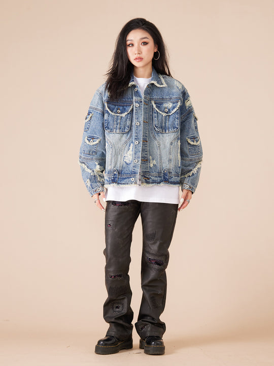 EVILKNIGHT(EK) Washed Heavy Embroidery Destroyed Patchwork Denim Jacket