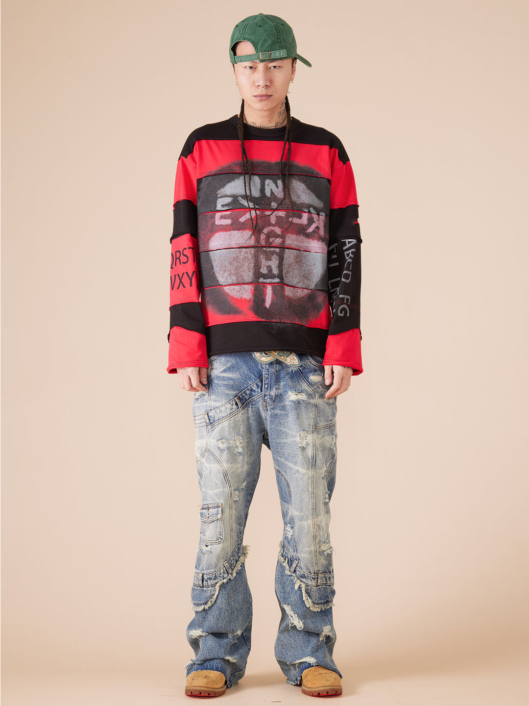 EVILKNIGHT(EK) Stripe Irregular Cross Logo Fake Two Piece Tee