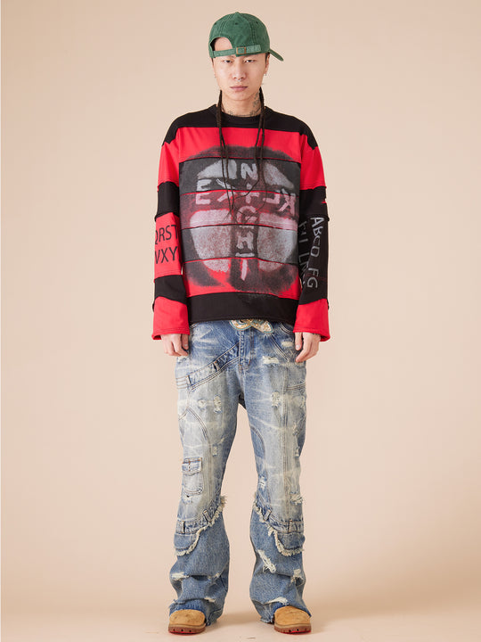 EVILKNIGHT(EK) Stripe Irregular Cross Logo Fake Two Piece Tee