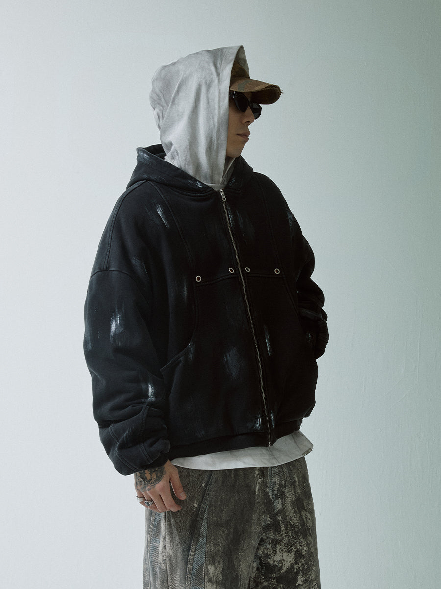 F2CE Handmade Wipe Paint Sherpa Fleece Hooded Jacket | Face 3 Face