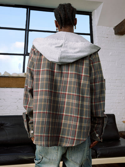 MEDM Hooded Destruction Plaid Shirt Jacket | Face 3 Face