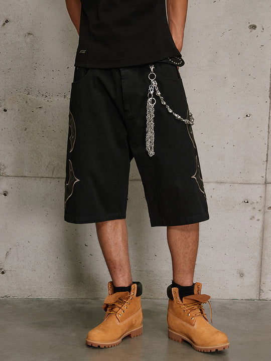 ANTIDOTE Leather Embroidered Studs Shorts Denim Jeans