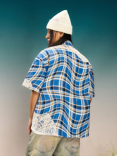 YADcrew Twisted Plaid Lace Splicing Short Sleeve Shirt | Face 3 Face