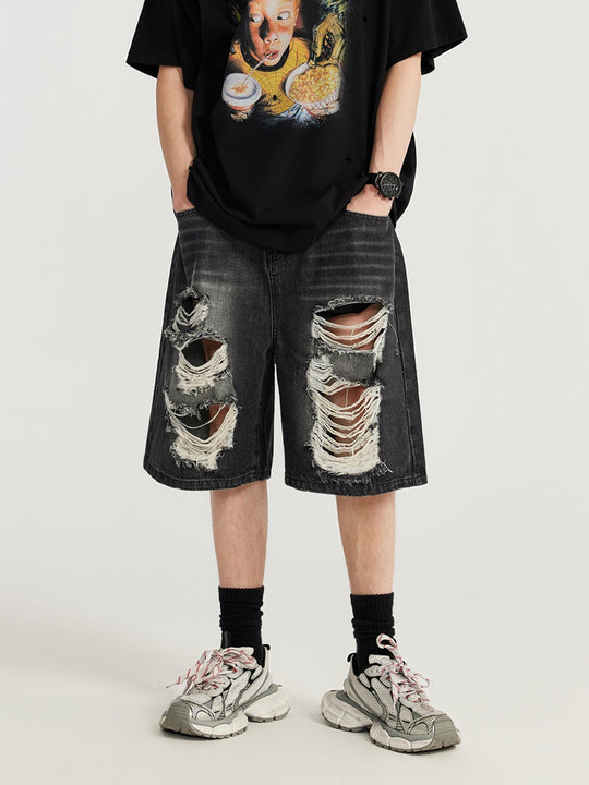 F3F Select Washed Black Broken Holes Denim Short Jeans