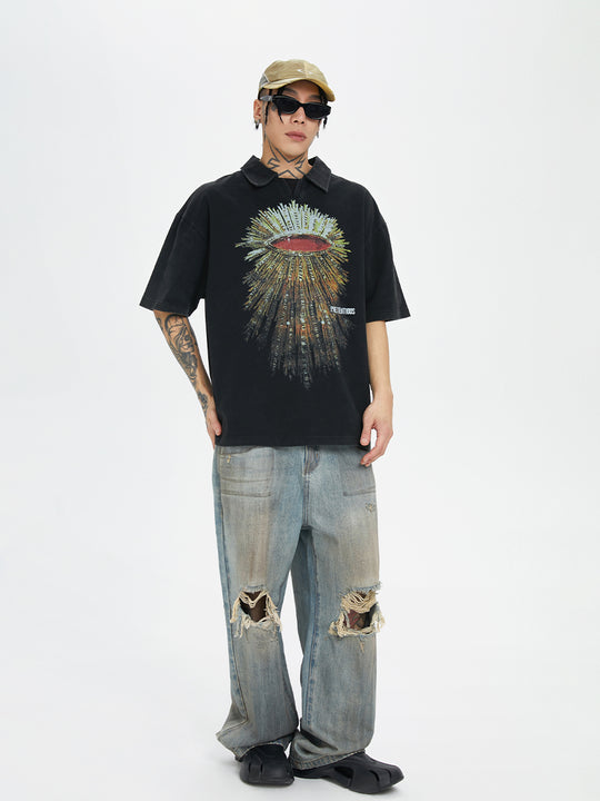 F2CE Washed Distressed Printing Polo Shirt