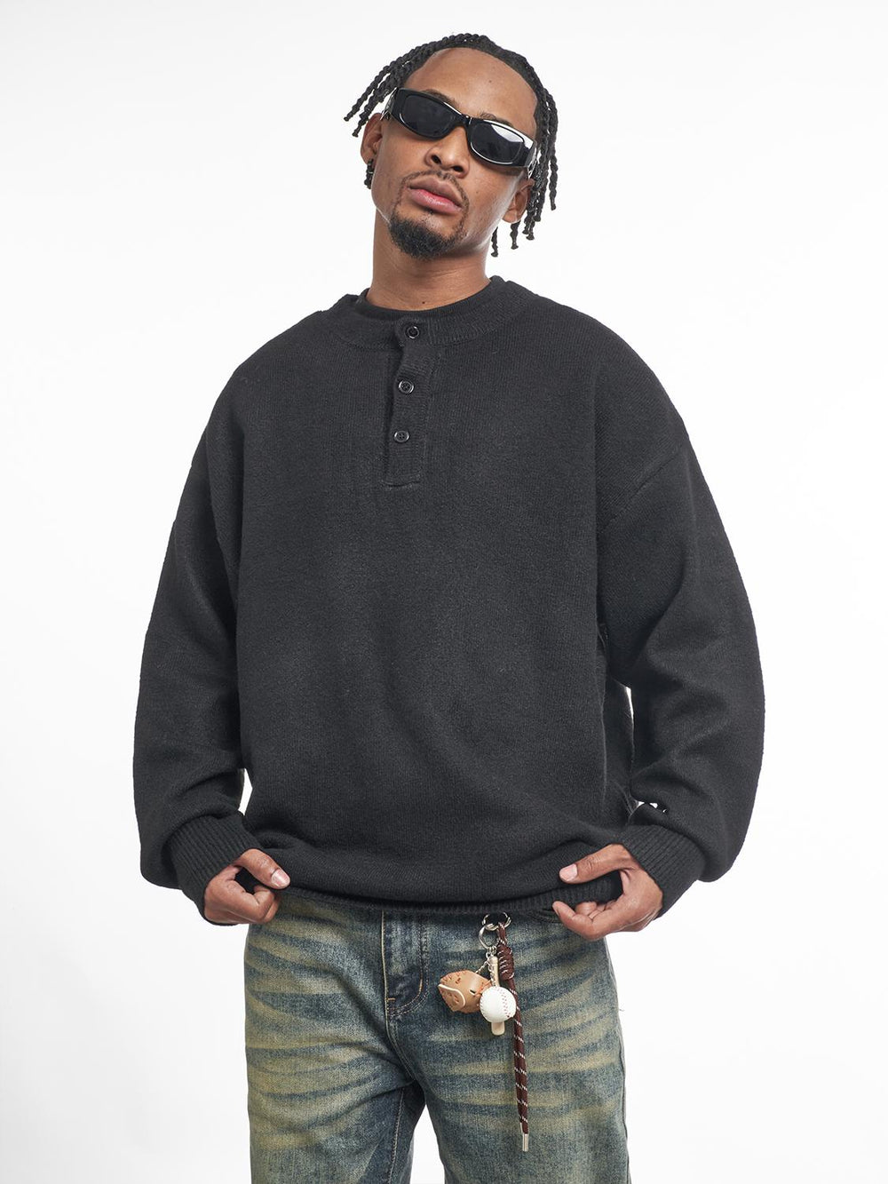 F3F Select Relaxed Fit Henley Neck Knit Sweater | Face 3 Face