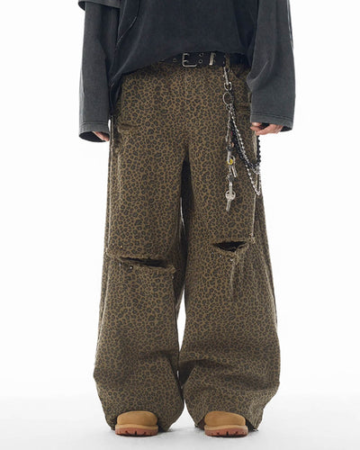 JHYQ Broken Holes Diamond Leopard Print Baggy Pants | Face 3 Face