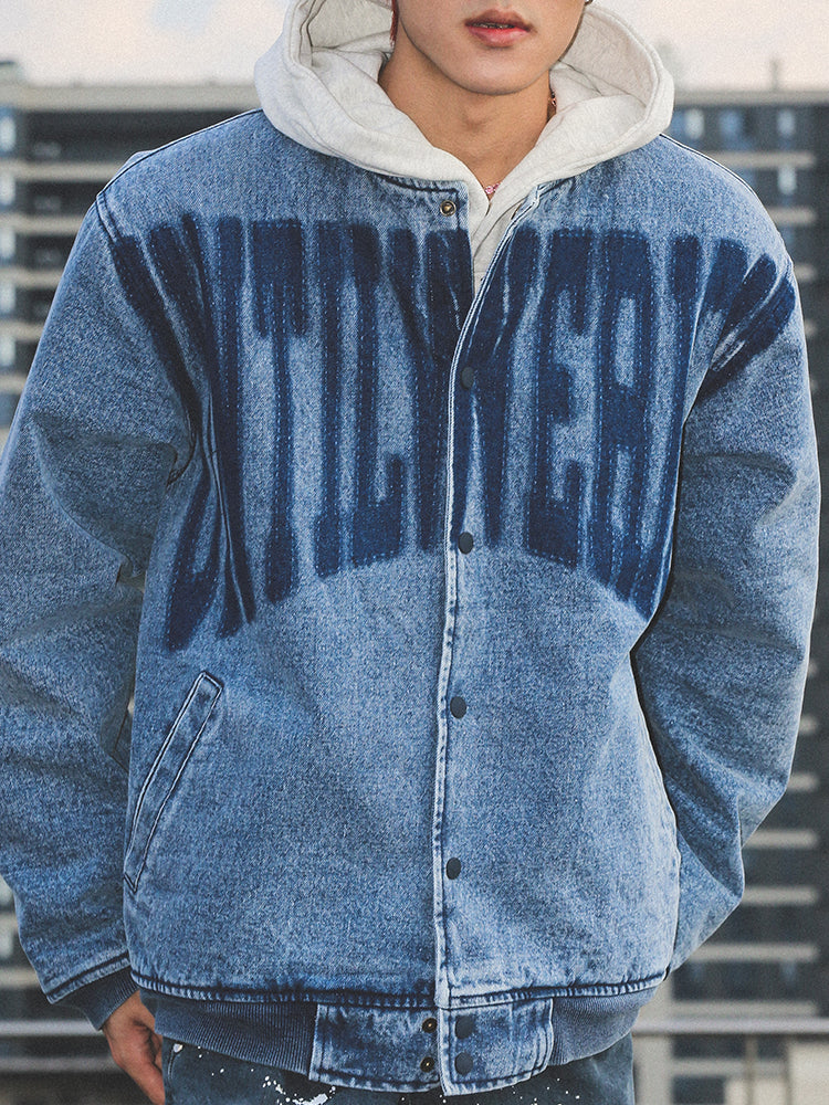 UNTILWERICH Washed Denim Aged Baseball Jacket | Face 3 Face