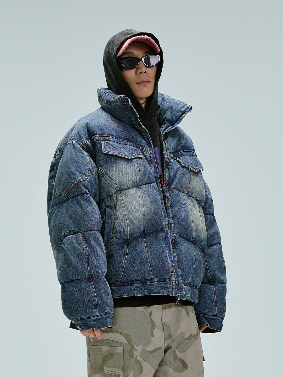 F2CE Washed Puffer Denim Jacket | Face 3 Face