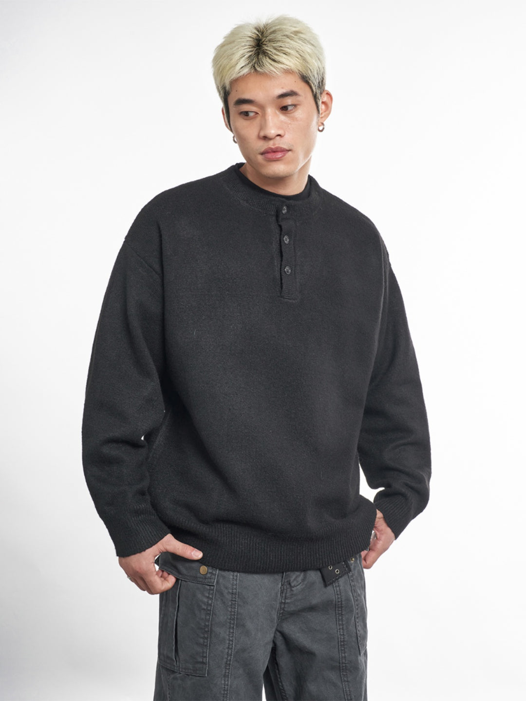 F3F Select Relaxed Fit Henley Neck Knit Sweater | Face 3 Face