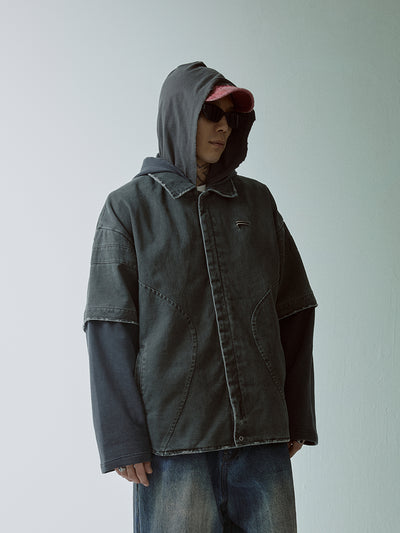 F2CE Multi Layer Hooded Washed Shirt Jacket | Face 3 Face