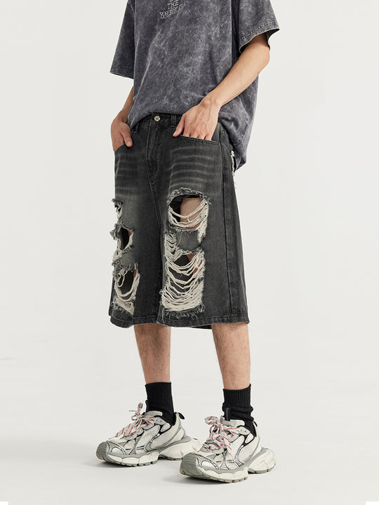 F3F Select Washed Black Broken Holes Denim Short Jeans