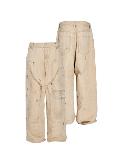 STEEPC Washed Dirty Old Ripped Double Knee Baggy Pants | Face 3 Face