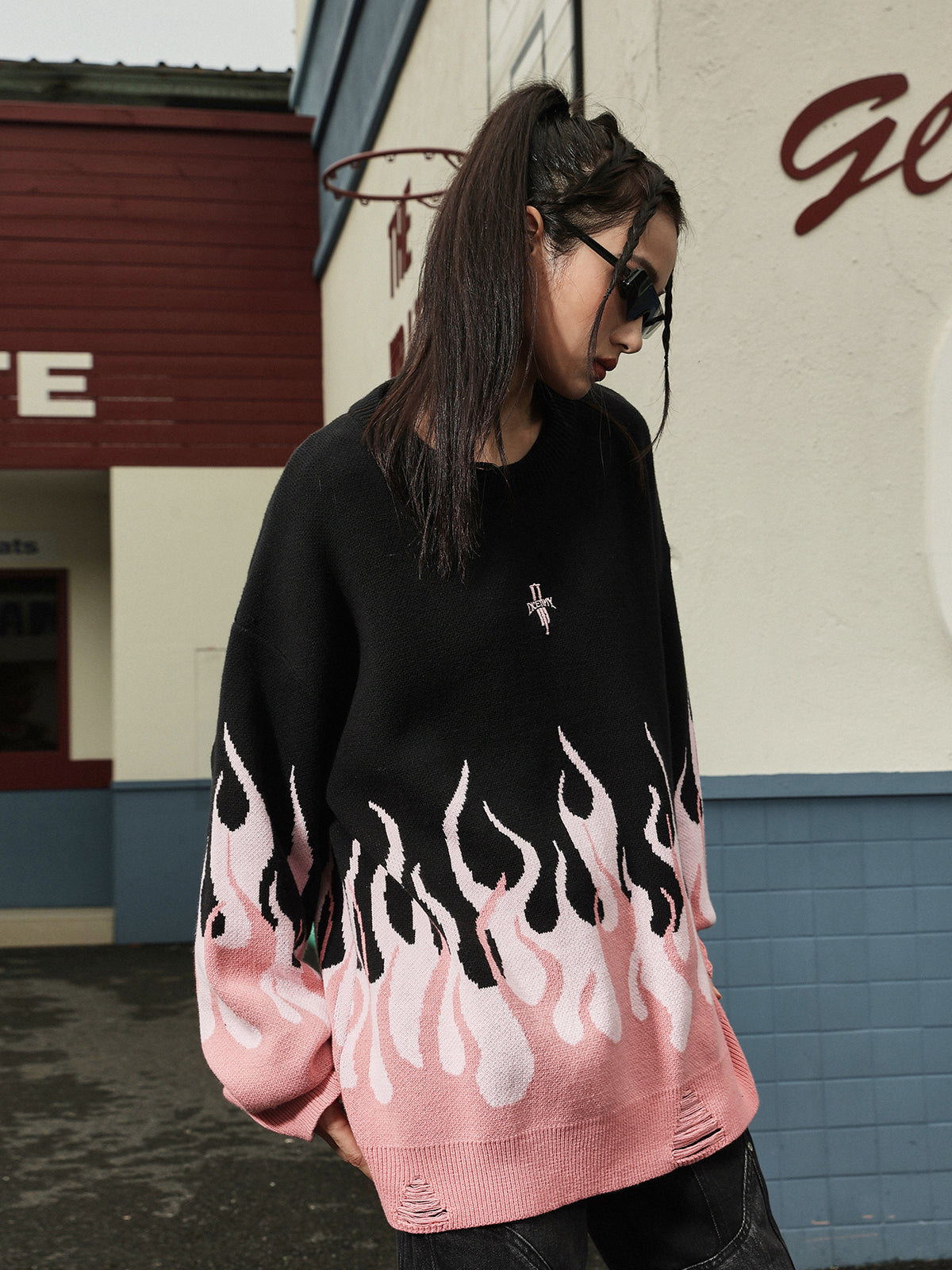 DICETINY Basic Logo Flame Destruction Knit Sweater | Face 3 Face