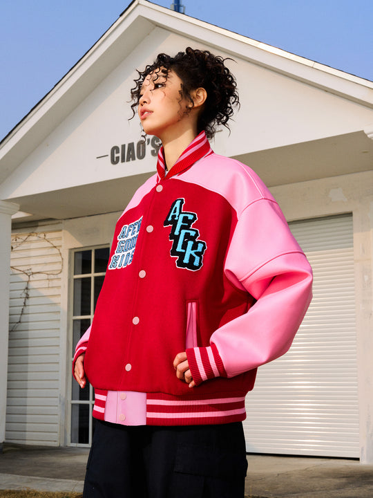 AFGK Angel Embroidery Color Blocking Lapel Baseball Jacket