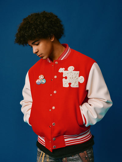 YADcrew Puzzle Snake Pearl Varsity Jacket | Face 3 Face