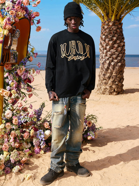 MEDM Colorful Embroidered Letters Long Sleeved Tee