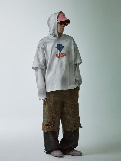 F2CE Dirty Dye Printed Fake Two-Piece Layering Hoodie | Face 3 Face