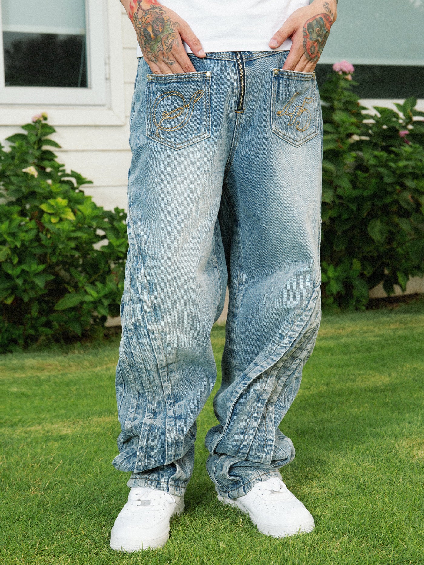 S45 Washed Vintage Stitching Baggy Jeans | Face 3 Face