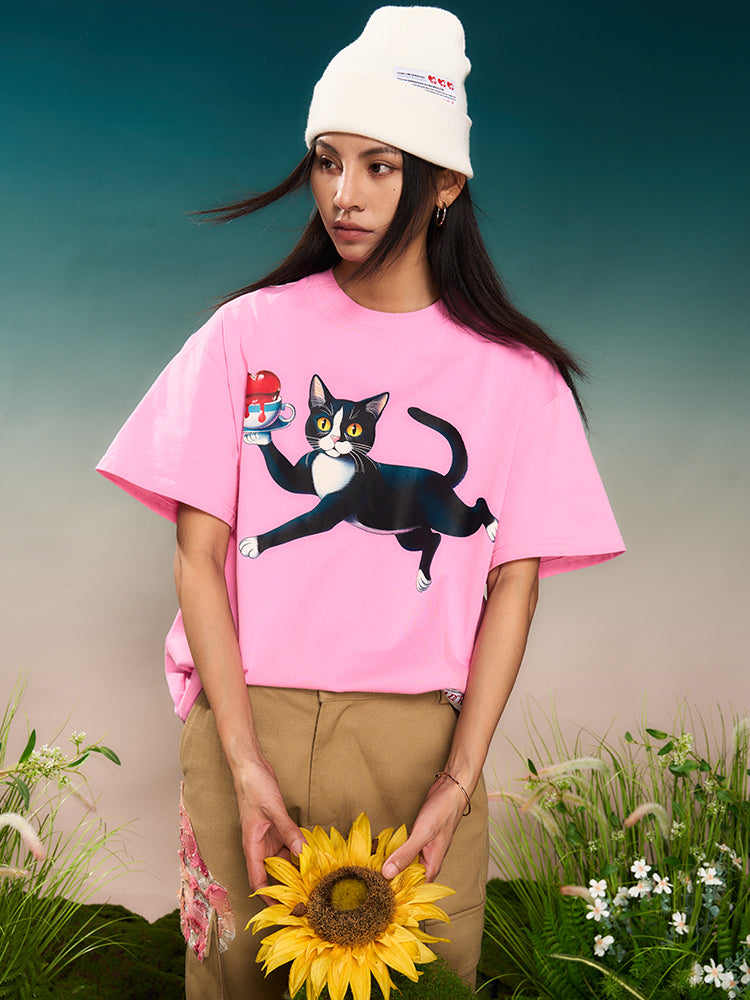 YADcrew “Obsessed Cat” Shake Pink Printed Tee | Face 3 Face