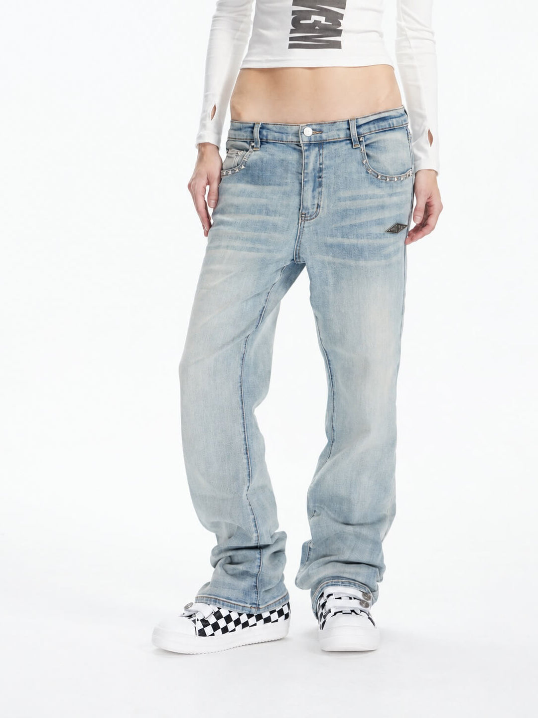 KARMANISTIC Metal Logo Label Studded Washed Slim Jeans | Face 3 Face