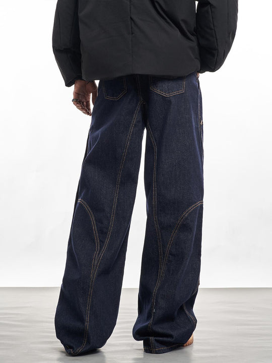 F3F Select Stitch Lines Dark Blue Double Knee Jeans | Face 3 Face