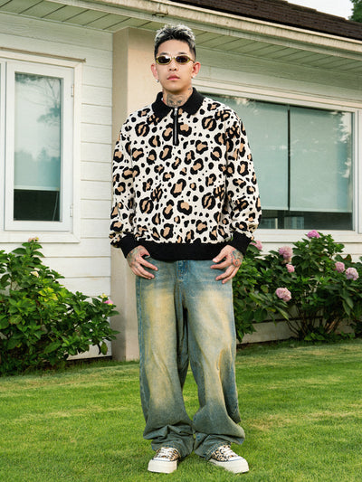 S45 Leopard Jacquard Polo Collar Knit Sweater | Face 3 Face