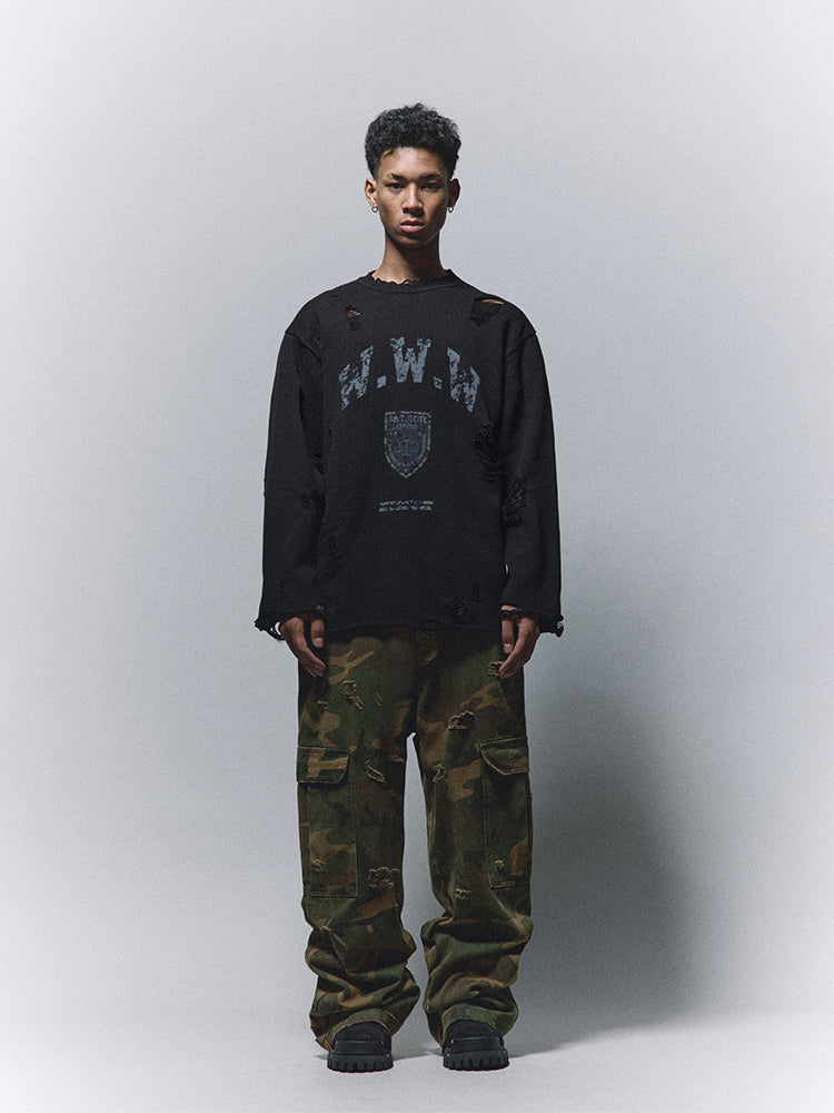 ANTIDOTE Hole Breaking Badge Printed Knit Sweater | Face 3 Face