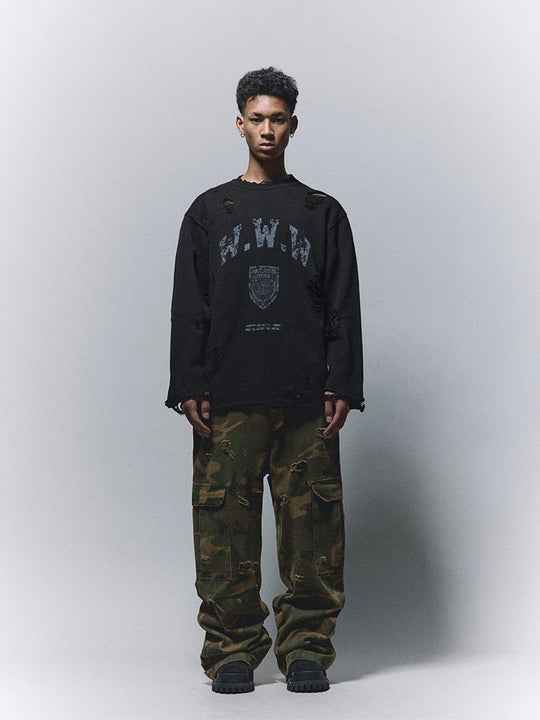 ANTIDOTE Hole Breaking Badge Printed Knit Sweater | Face 3 Face