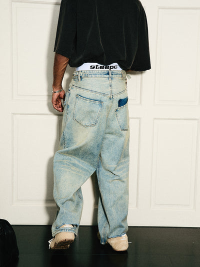 STEEPC Washed Vintage Pockets Deconstructed Baggy Jeans | Face 3 Face