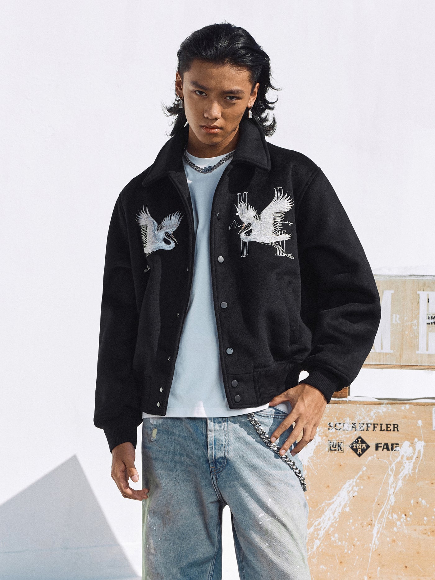 MEDM Crane Embroidery Varsity Jacket | Face 3 Face