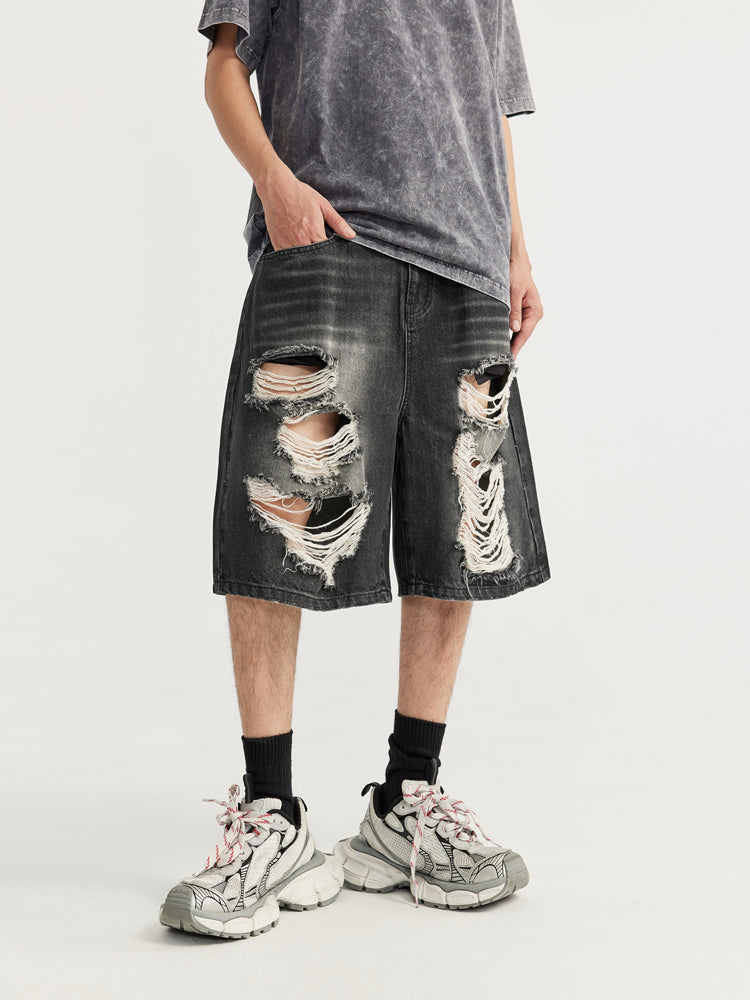F3F Select Washed Black Broken Holes Denim Short Jeans