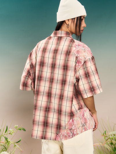 YADcrew Evening Lace Splicing Pink Plaid Short Sleeve Shirt | Face 3 Face